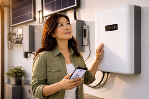 Southern California woman monitoring home energy storage system during daylight hours