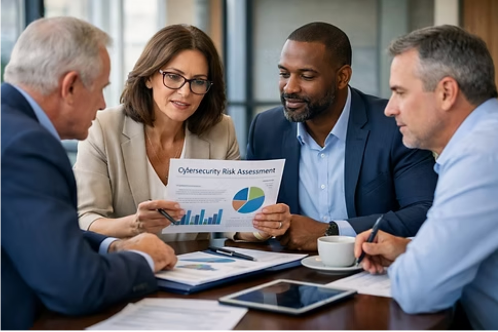 business executives reviewing cybersecurity risk assessment report in meeting