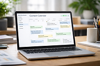 Laptop displaying a blog content calendar dashboard with scheduled posts organized by date, illustrating monthly content plan
