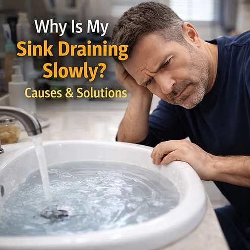 homeowner looking at slow draining bathroom sink with standing water
