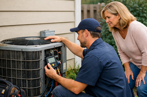 A service technician checks an outdoor AC unit with diagnostic tools as a homeowner watches and listens