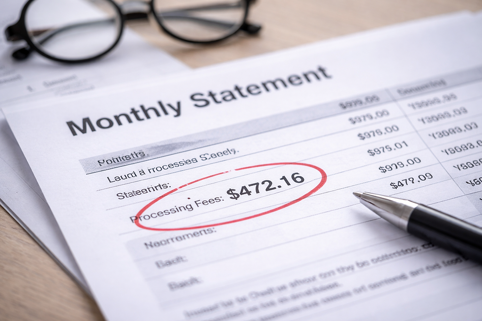 Monthly statement showing highlighted credit card processing fees being reviewed