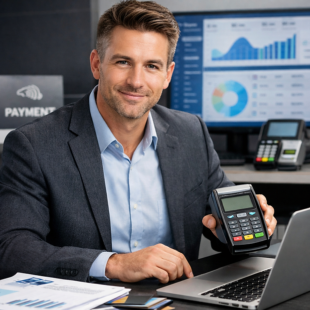 Independent Retail ISO executive reviewing payment analytics while holding a credit card terminal, illustrating SEO blog publishing for payment processors.