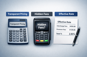 Headline image illustrating transparent pricing in payment processing, showing a calculator labeled “Transparent Pricing,” a payment terminal highlighting hidden fees, and a receipt breaking down the effective rate for merchants.