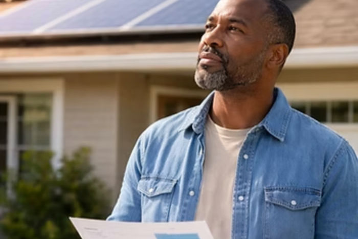 residential solar panels with homeowner analyzing energy usage and savings