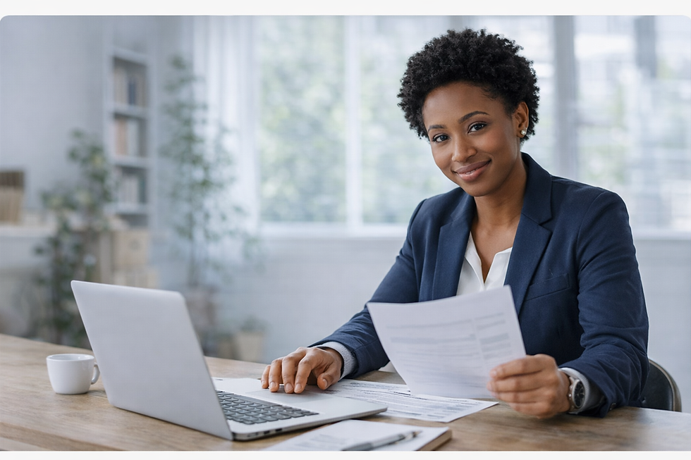 Professional African American businesswoman reviewing financial documents at desk, representing credit card processing consulting and transparent payment analysis