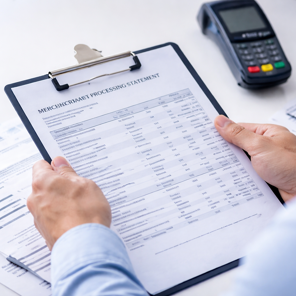 Business owner reviewing credit card processing statement during payment fee audit