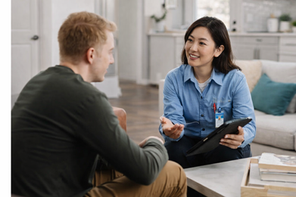 Licensed Asian woman electrician consulting with homeowner about electrical inspection inside residential home