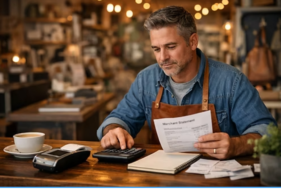 Merchant reviewing payment processing costs and transaction fees at retail counter