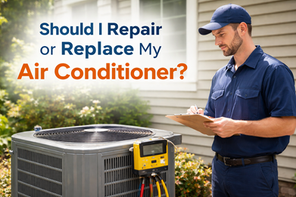 HVAC technician checking a residential outdoor air conditioner unit beside a home on a sunny day