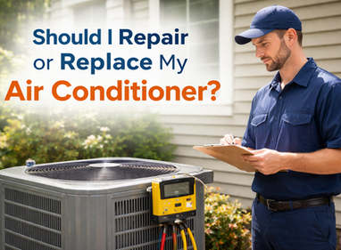 HVAC technician checking a residential outdoor air conditioner unit beside a home on a sunny day