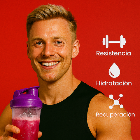 Hombre fit con shaker Fuxion mostrando beneficios: resistencia, hidratación y recuperación. Suplemento deportivo natural de Vive A Tope para energía y rendimiento.