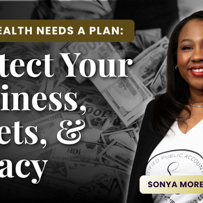 Sonya Moreno standing beside text that reads Your wealth needs a plan: protect your business, assets, and legacy. She is also standing in front of a pile of money.