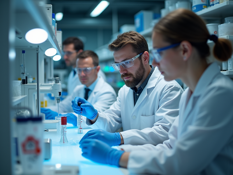 Several researchers, in lab coats in a well lit laboratory setting-working-with-chromatogr