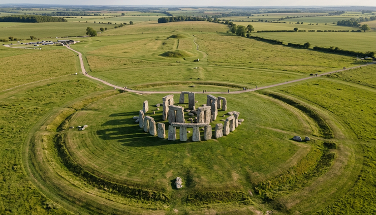 Vista aérea de Stonehenge rodeado por la llanura verde de Salisbury.