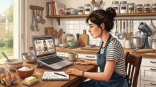 Femme qui prépare son CAP Pâtissier en ligne depuis sa cuisine, avec un ordinateur, des ingrédients et des notes de cours PatisCoach