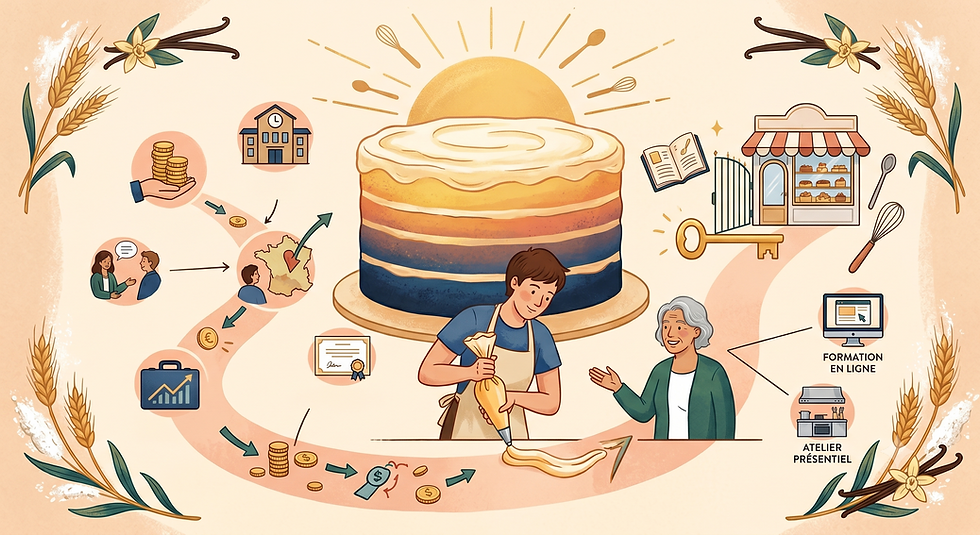 Illustration chaleureuse montrant un apprenti pâtissier décorant un gâteau sous le regard bienveillant de son mentor de Patiscoach. Autour d'eux, des icônes symbolisent le parcours de reconversion, le financement et la réussite de l'examen du CAP Pâtissier en candidat libre.