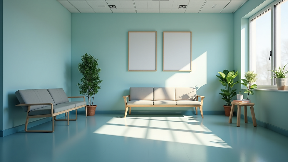High angle view of a healthcare clinic waiting room with inclusive posters