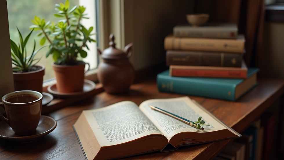 High angle view of a cozy reading nook with books and a journal