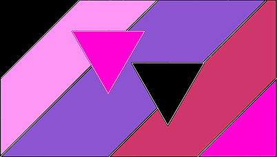 Two inverted triangles one pink the other black found on a background of diagonal stipes of light pink, purple, and red-pink.