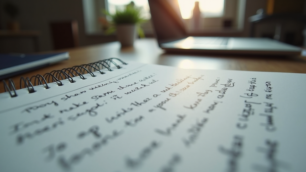 Eye-level view of a notebook with handwritten story notes