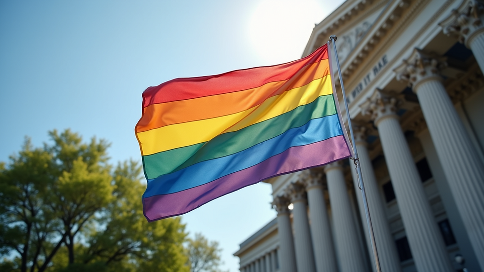 Eye-level view of a rainbow flag waving outside a government building