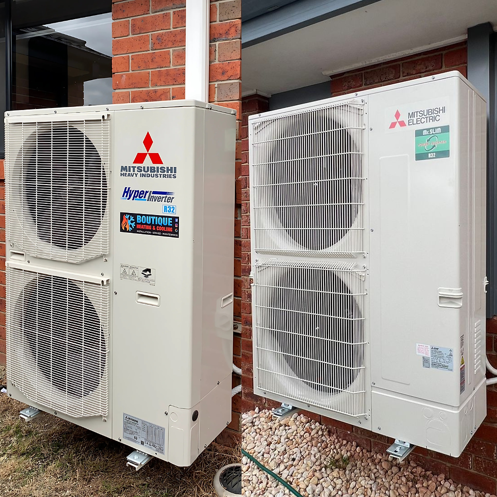A split image of a Mitsubishi heavy industries aircon brand and a Mitsubishi electric aircon condenser