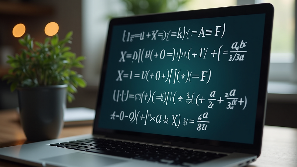 Eye-level view of a laptop screen showing a math video lesson with equations