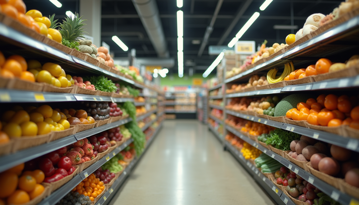 Eye-level view of a grocery store aisle with colorful fruits and vegetables neatly arranged