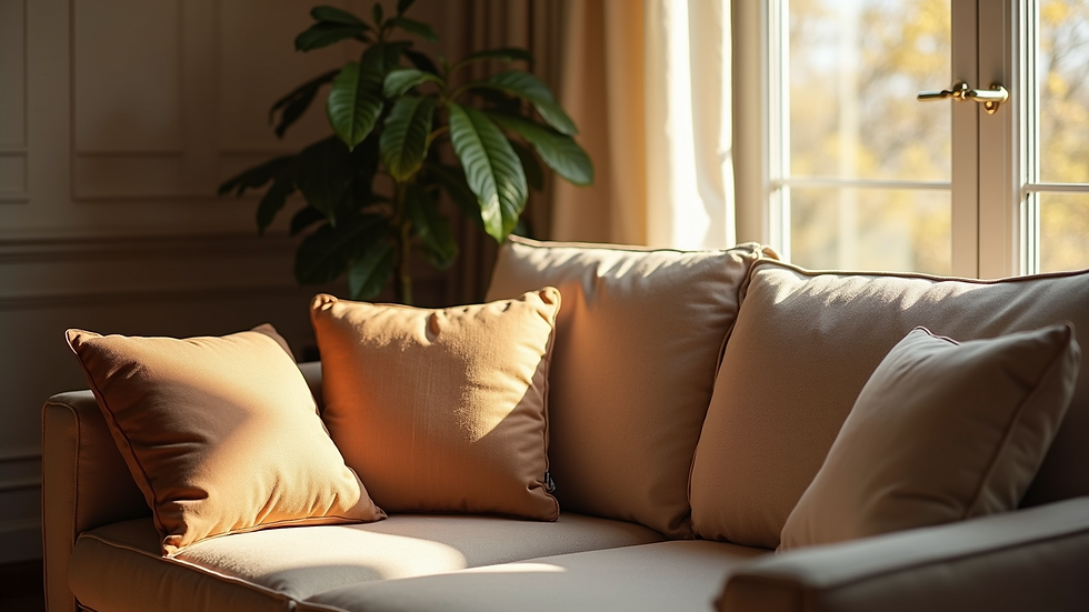 High angle view of a cozy living room corner with cushions and warm lighting