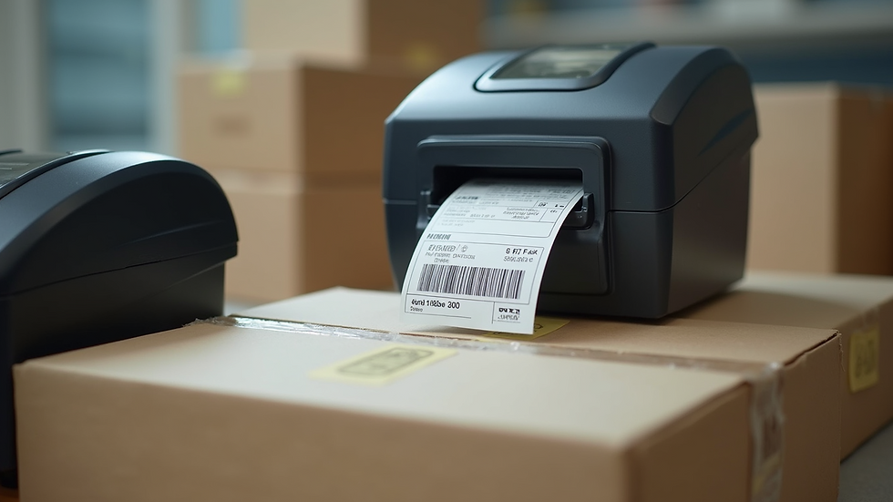 Close-up view of a label maker printing a label for storage boxes