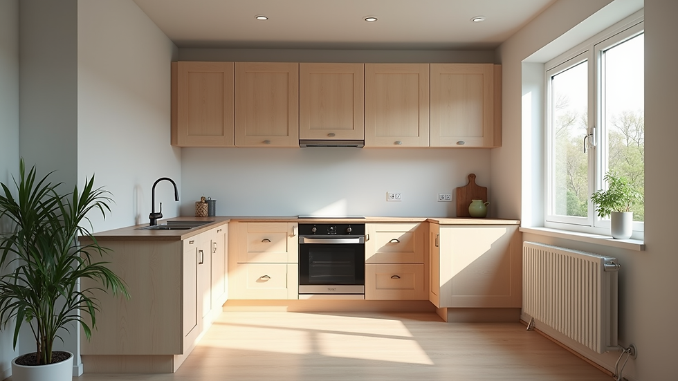 Eye-level view of a modern kitchen under renovation with new cabinets being installed