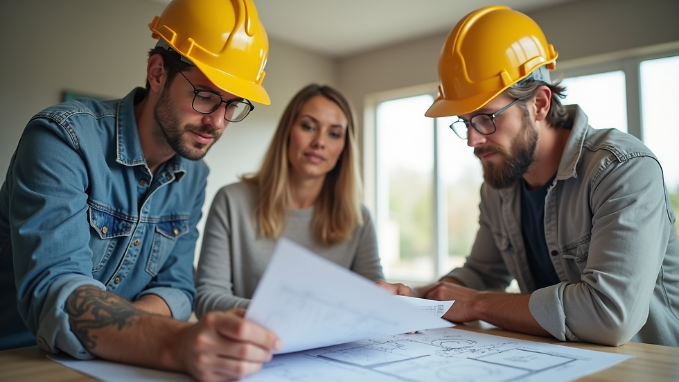 Close-up view of a contractor reviewing renovation plans with a homeowner