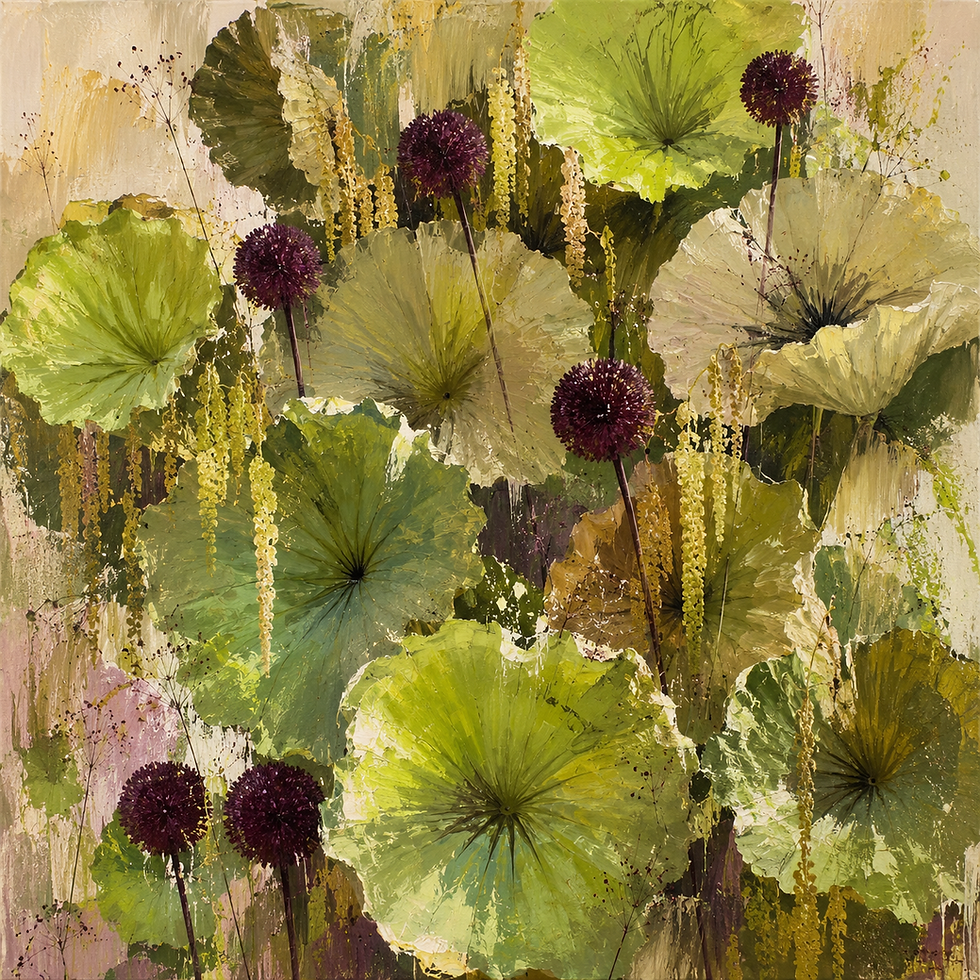Botanical Tapestry. Oversized lotus-like leaves, cascading green tassels, pale anthuriums, and deep plum allium blooms