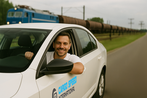 Kierowca Cargo Speed International w samochodzie firmowym, gotowy do przewozu drużyn trakcyjnych, na tle przejeżdżającego pociągu