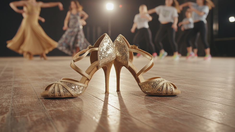 Close-up view of a single pair of high-heeled dance shoes on a wooden floor