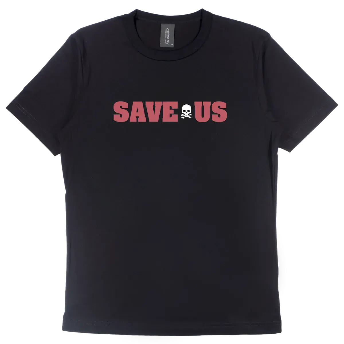 black color T-shirt with "save us" and skull printed on it