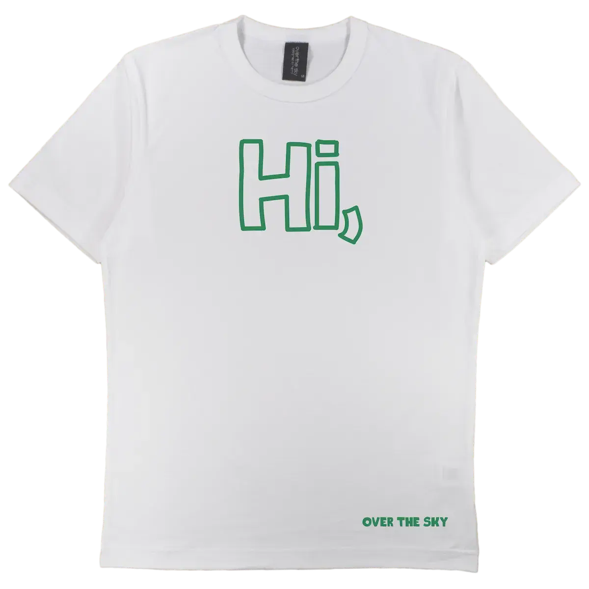 white color T-shirt with "Hi" printed on it