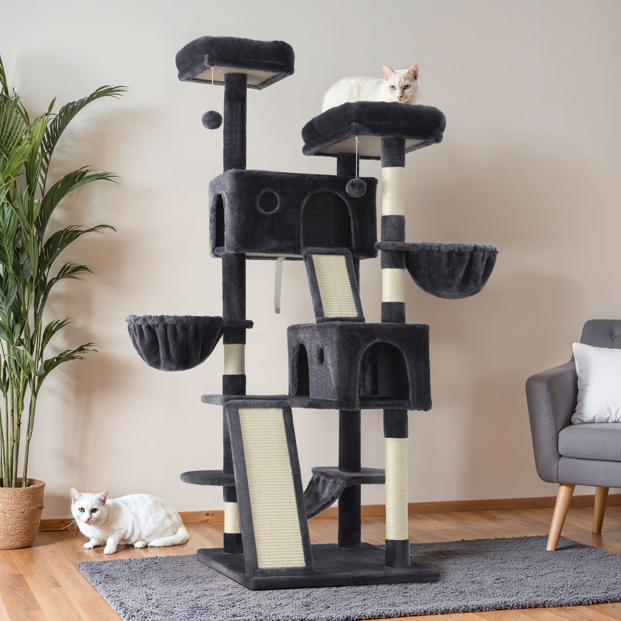 HOOMIC 65in Multi-Level Large Cat Tree Tower/Cozy Plush Cat Perches/Cat Condo wi
