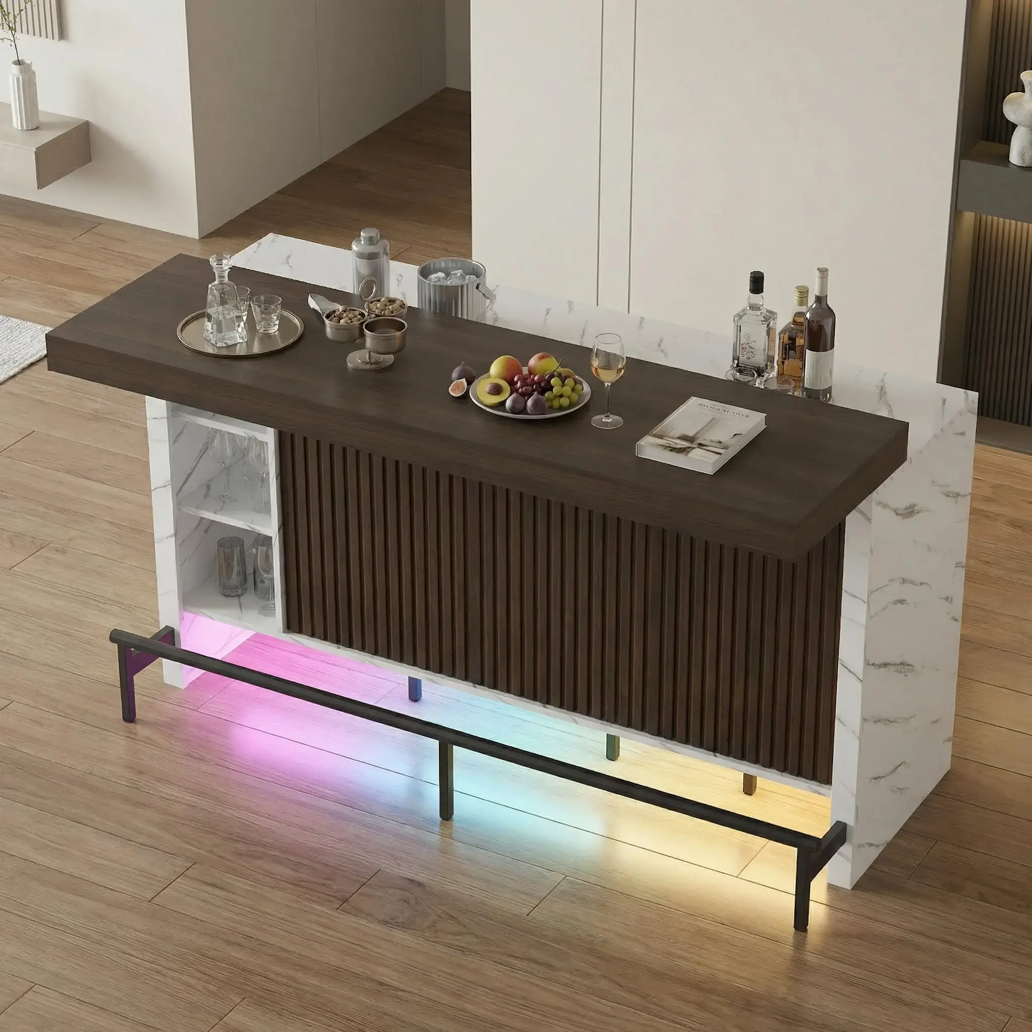 62" Sliding Top Marble-Style Bar Table with LED Lights and Storage Shelves