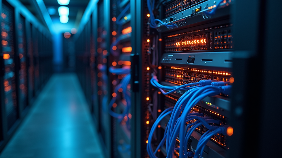 High angle view of a server room with glowing network cables