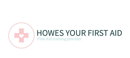 Logo for howes your first aid, red cross with text howes your first aid