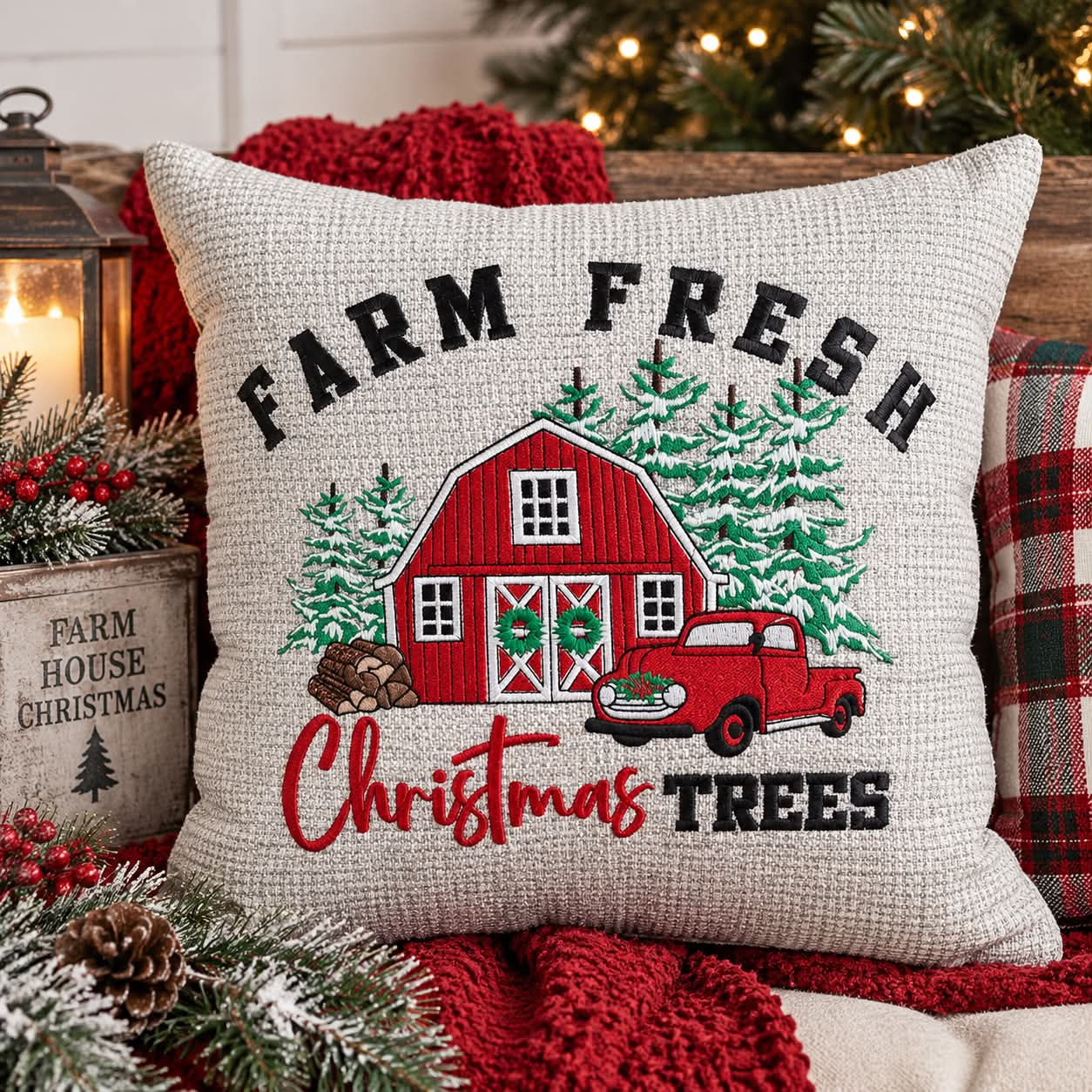 Farm Fresh Christmas Trees Embroidered Pillow