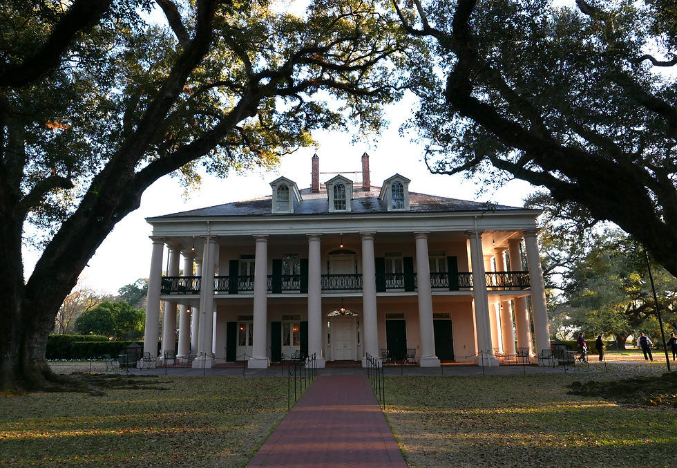 Large colonial building with white columns under trees.