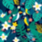 A bold tropical illustration with overlapping leaves, flowers, exotic birds and animals in