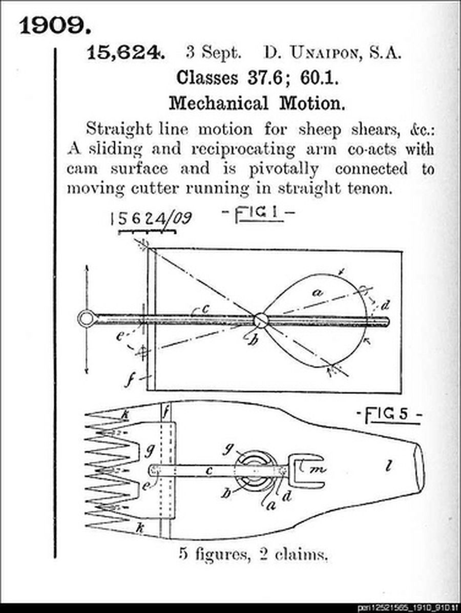 David Unaipon’s improved handpiece for sheep shearing. State Library of South Australia (1st Apr 2019). Patent specification. Mechanical motion. Sheep shears. No. 15,624, 1909. D. Unaipon, SA.