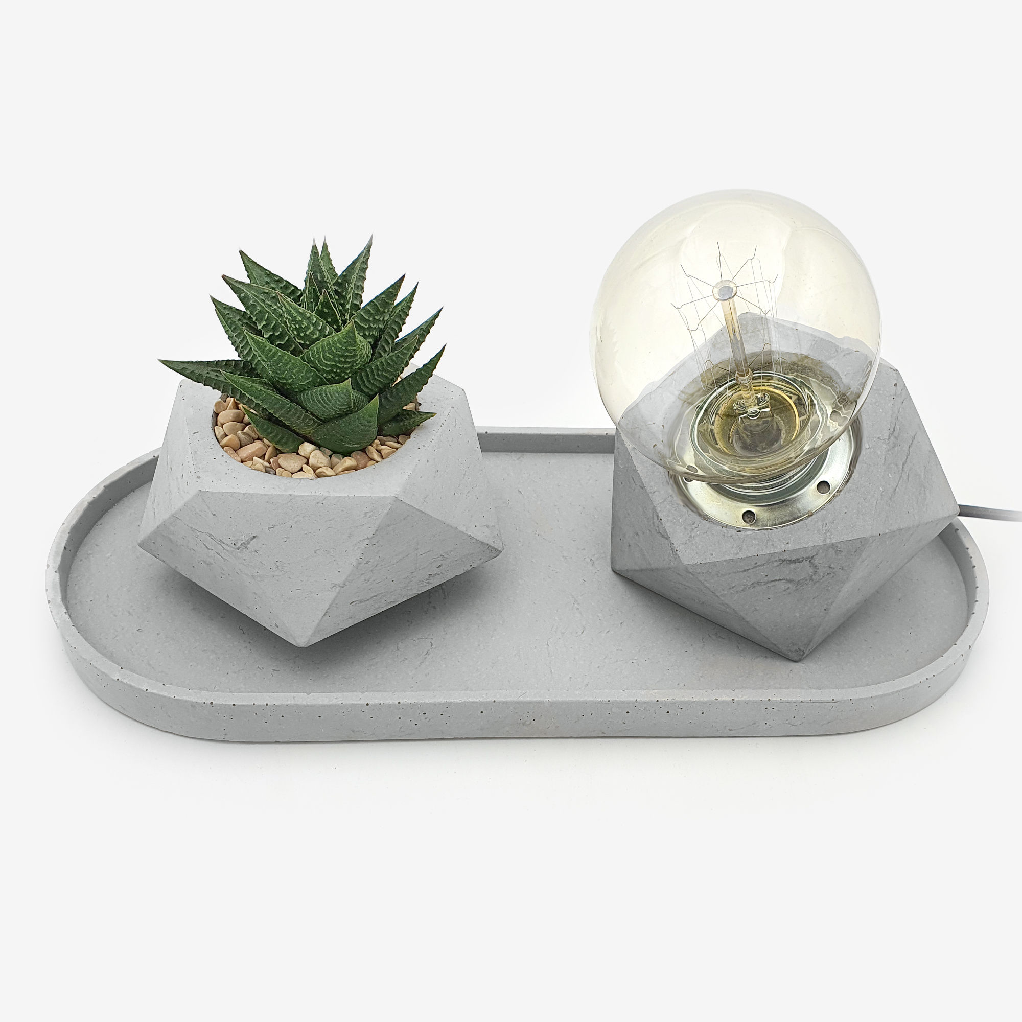 סט בטון עיצובי מנורה שולחנית ועציץ בטון