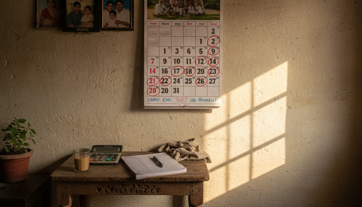 Wide-angle view of a family calendar with loan payment dates marked at home