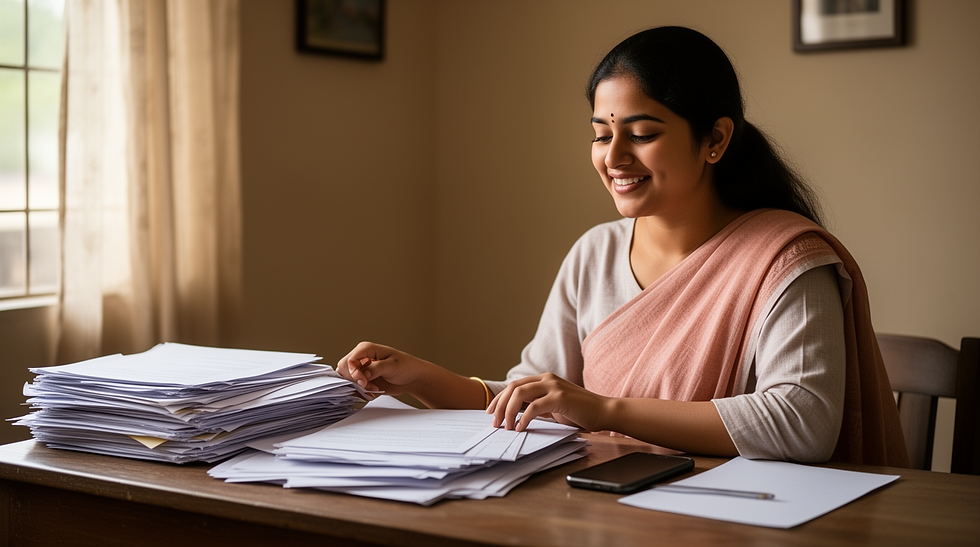 Woman organising papers after planning a payday loan settlement
