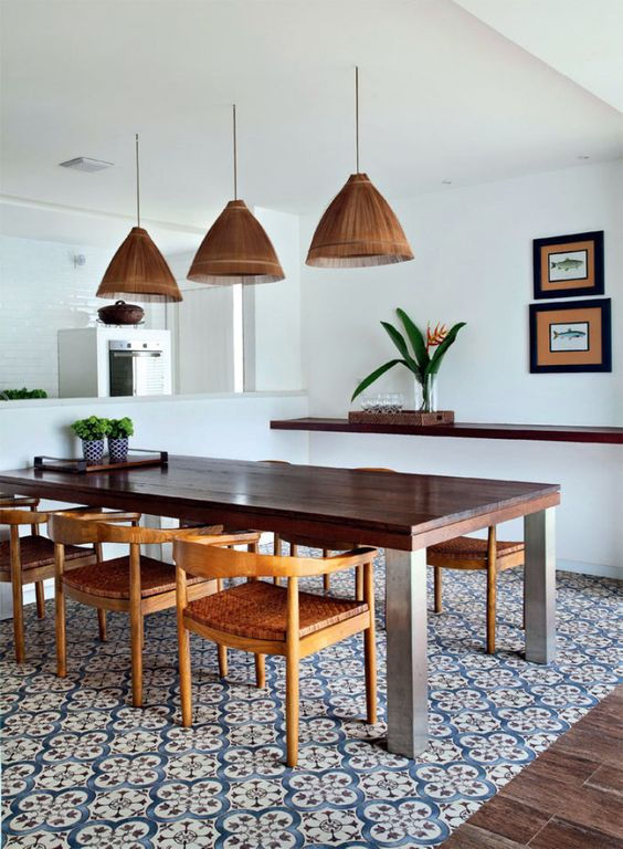 sala e cozinha integrada om ladrilho hidráulico